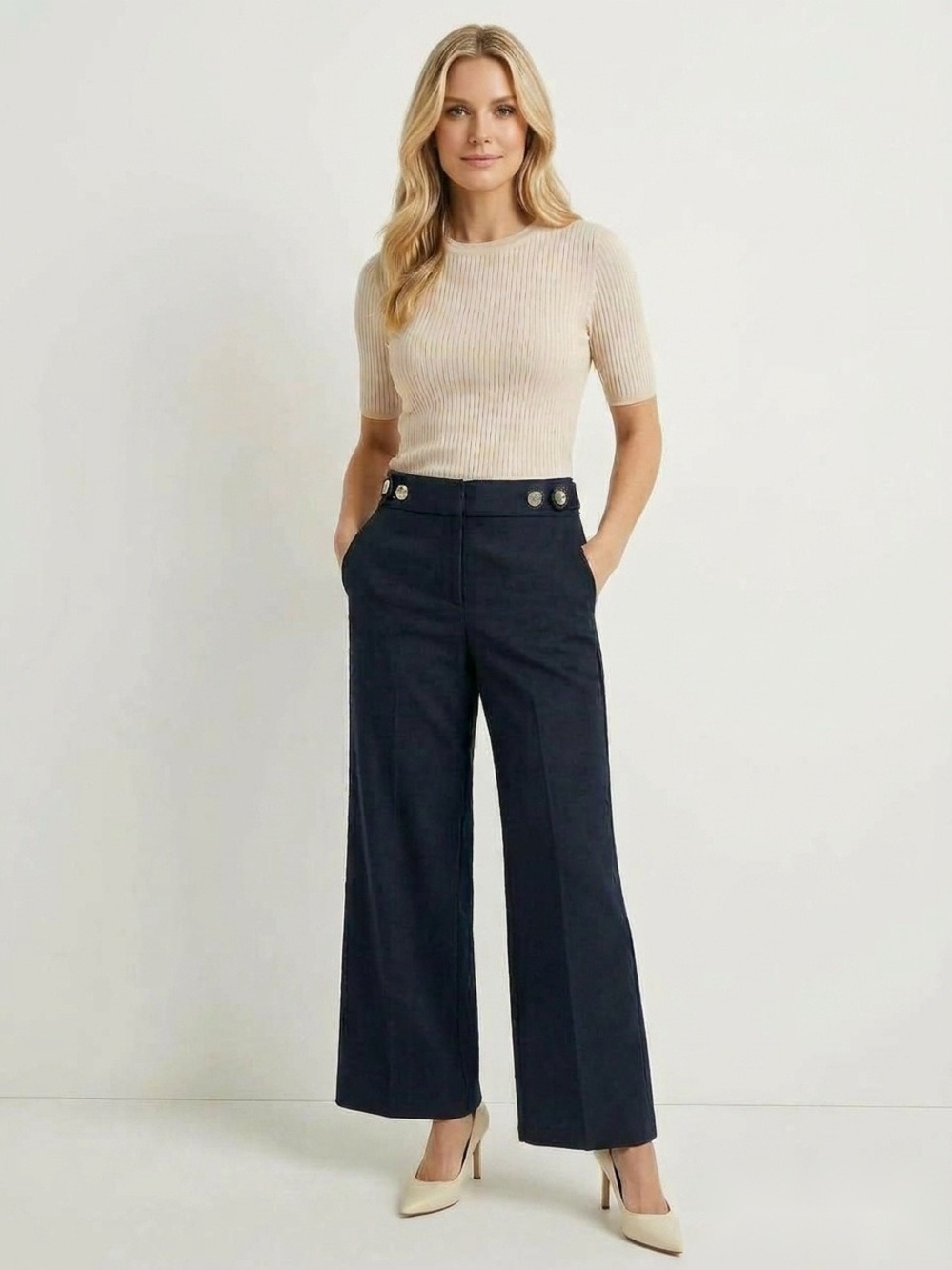 NWT Veronica Beard Aubrie Pant Navy Sailor Button Wide Leg Crop Size 8